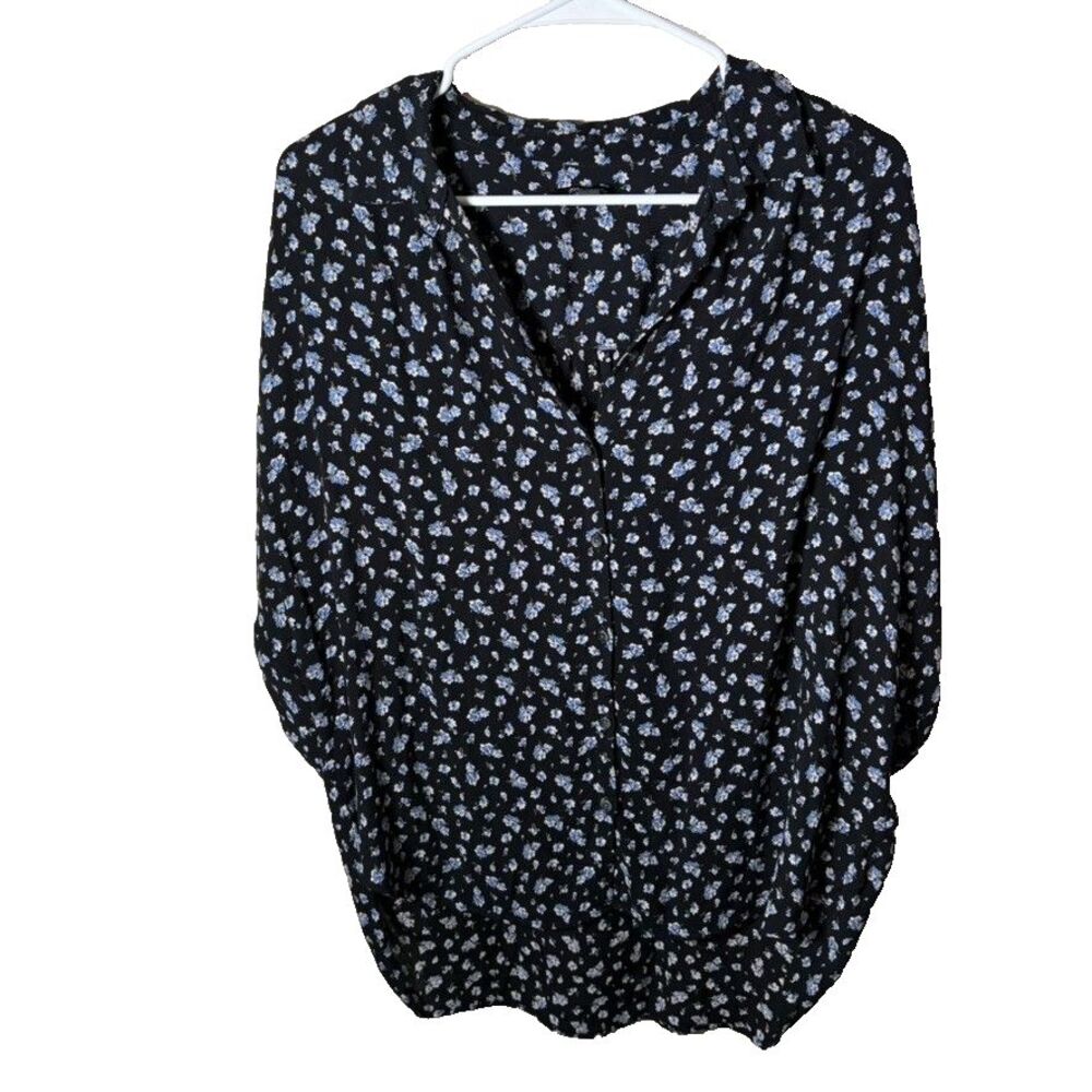 Madewell Blouse Women's Large Black Floral V-Neck Collared 3/4 Sleeve Top Shirt